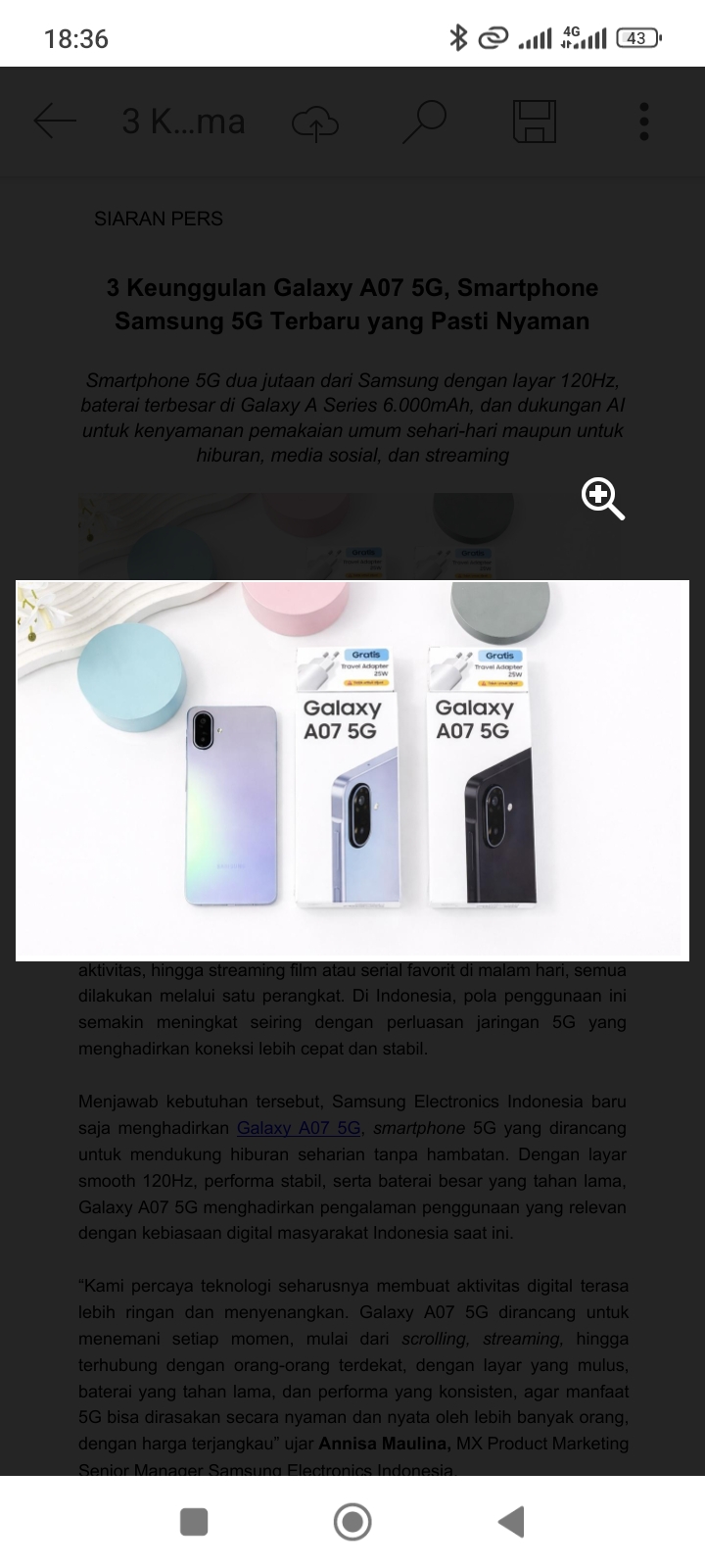 Galaxy A07 5G hadir dalam dua pilihan warna Black dan Light Violet, sudah dilengkapi dengan Travel Adapter 25W.