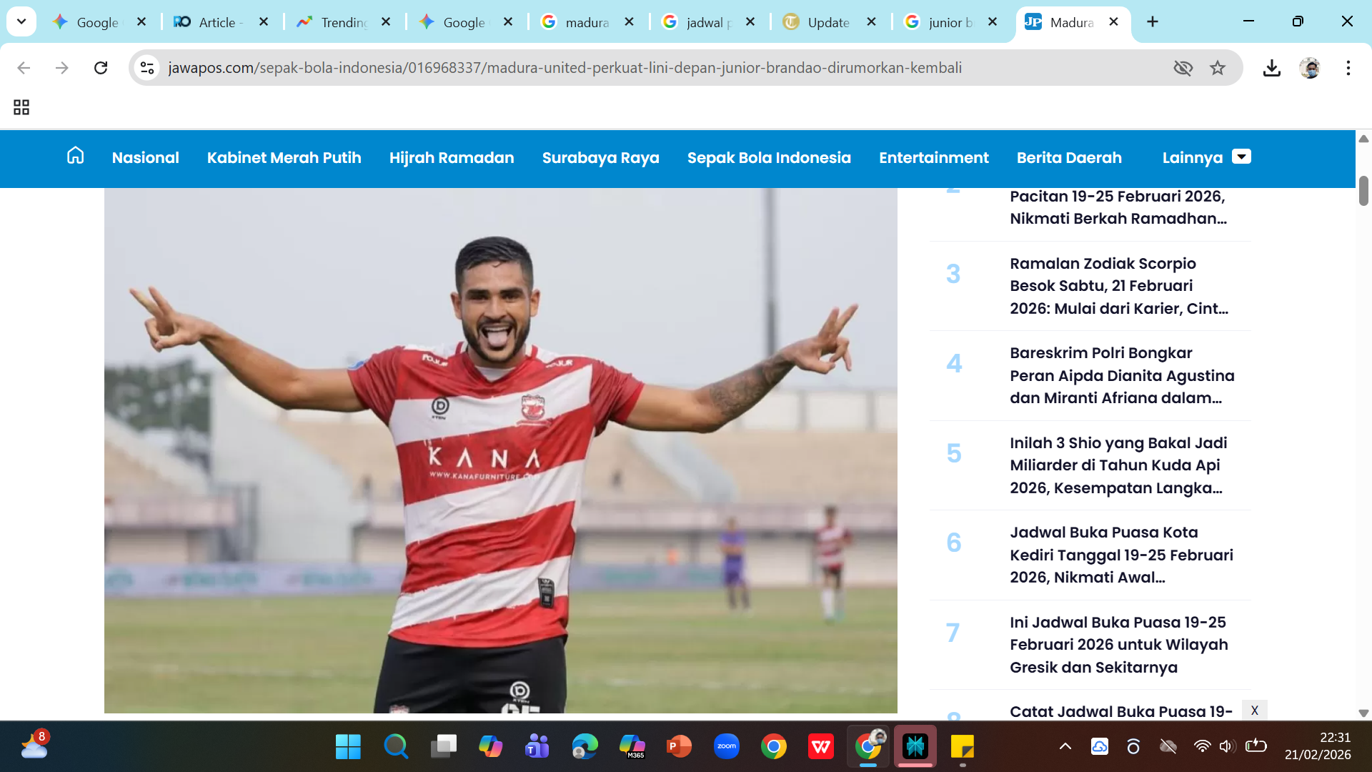 Striker Madura United Junior Brandao. Pemain asal Brasil itu mencetak gol kemenangan Sape Kerrab atas Arema FC di babak pertama. 