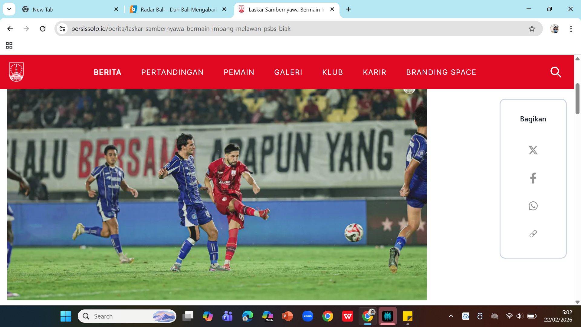 Persis Solo dipaksa bermain imbang 1-1 melawan PSBS Biak di Stadion Manahan. 