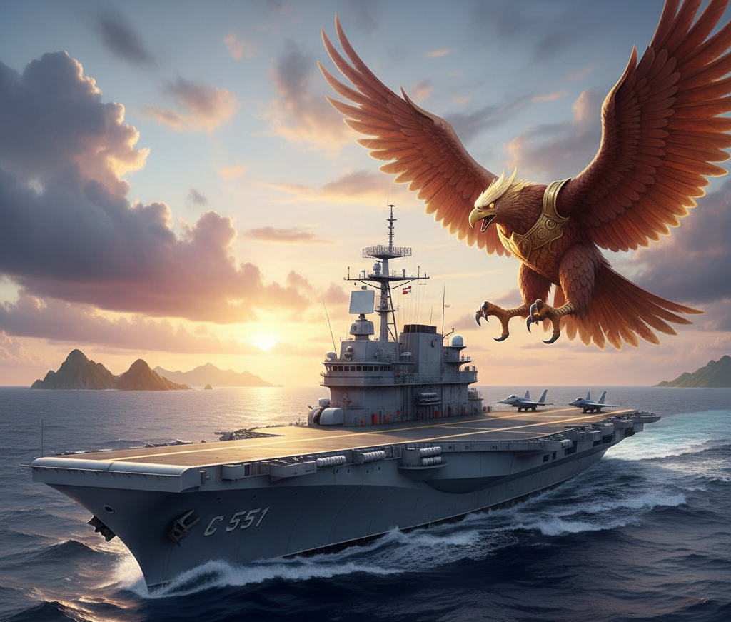 Ilustrasi kapal induk Gajah Mada dan Garuda penjaga NKRI. (gambar digital gemini/radar bali)