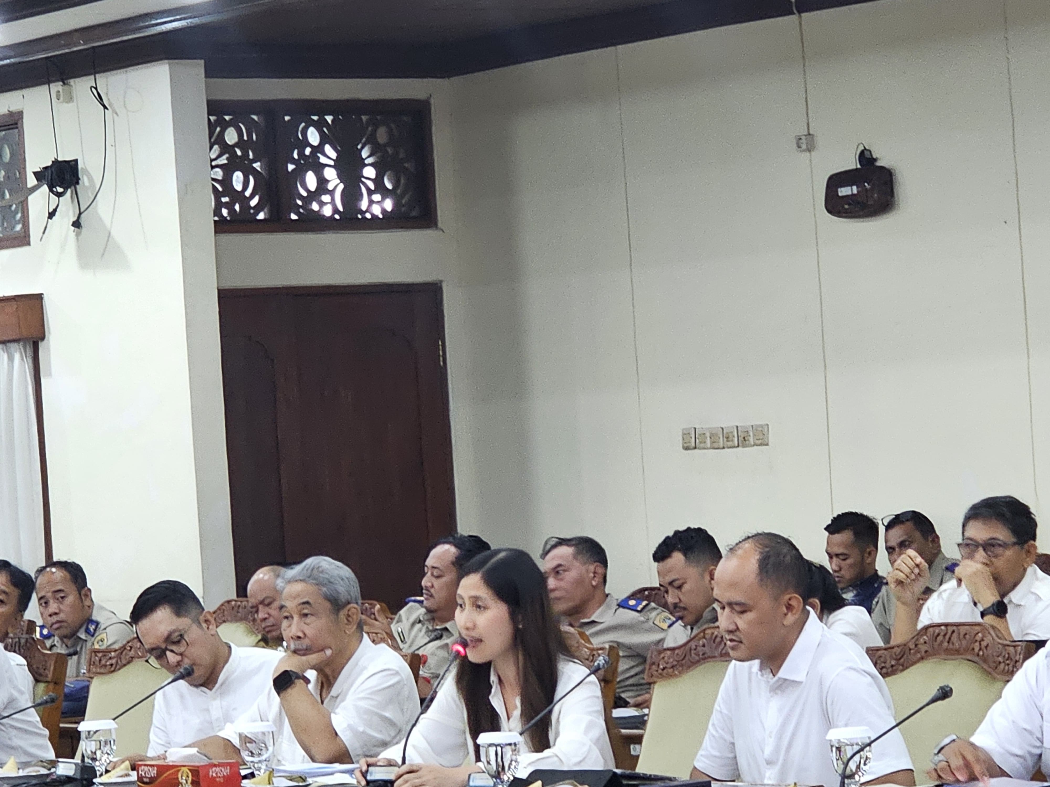 HEARING: Kepala Departemen Perizinan/Licensing BTID Yossy Sulistyorini bersama tim, saat hearing di DPRD Bali Senin (23/2/2026). (Novi Febriani/Radar Bali)