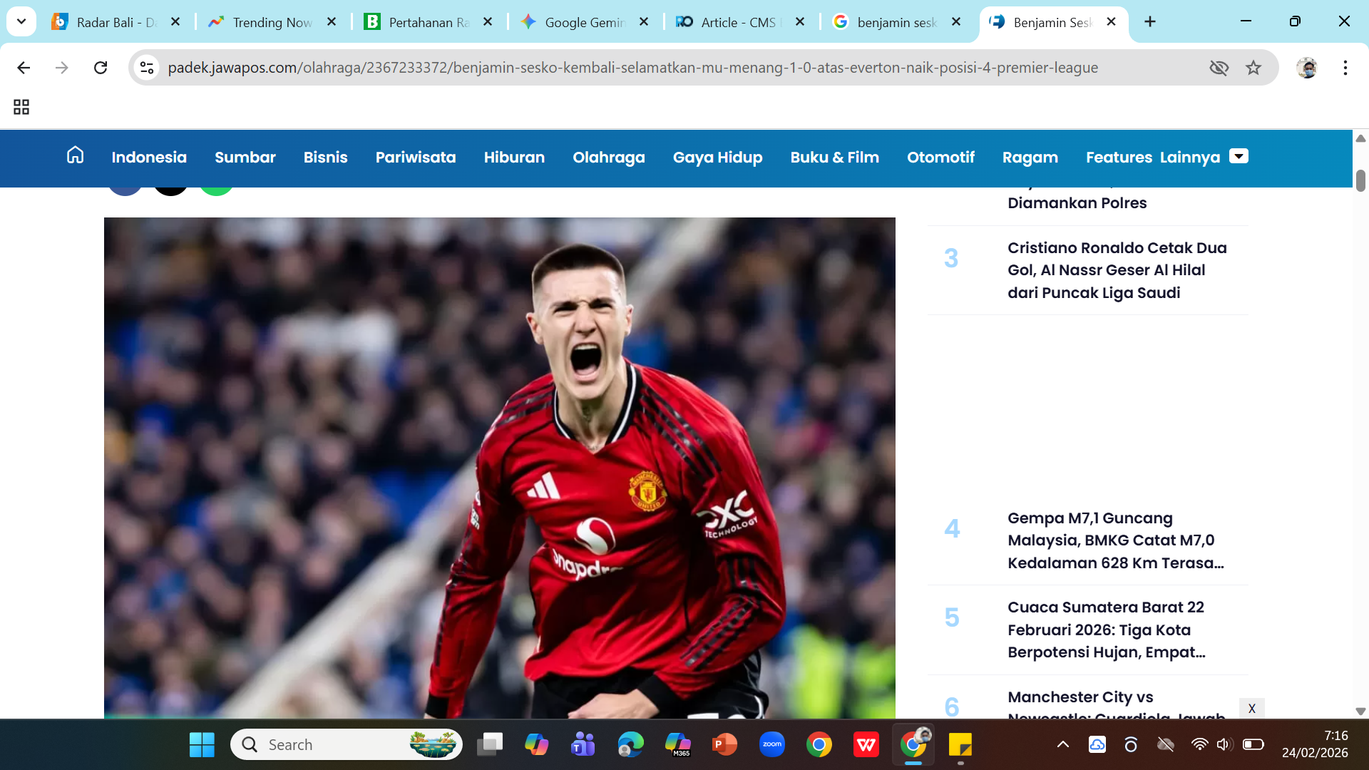 Benjamin Sesko menjadi penyelamat MU dengan mencetak gol tunggal ke gawang Everton di menit ke-71.