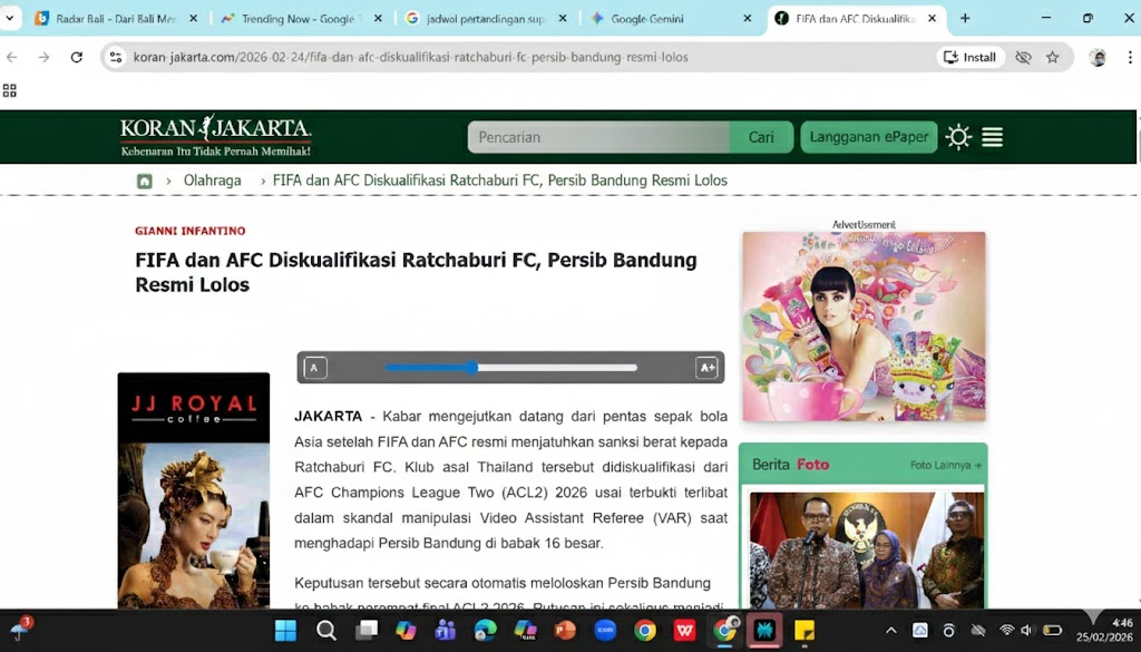 BUATAN AI - Artikel tentang diskualifikasi Ratchaburi FC dari AFC Champions League 2 diduga buatan akal imitasi (AI). 