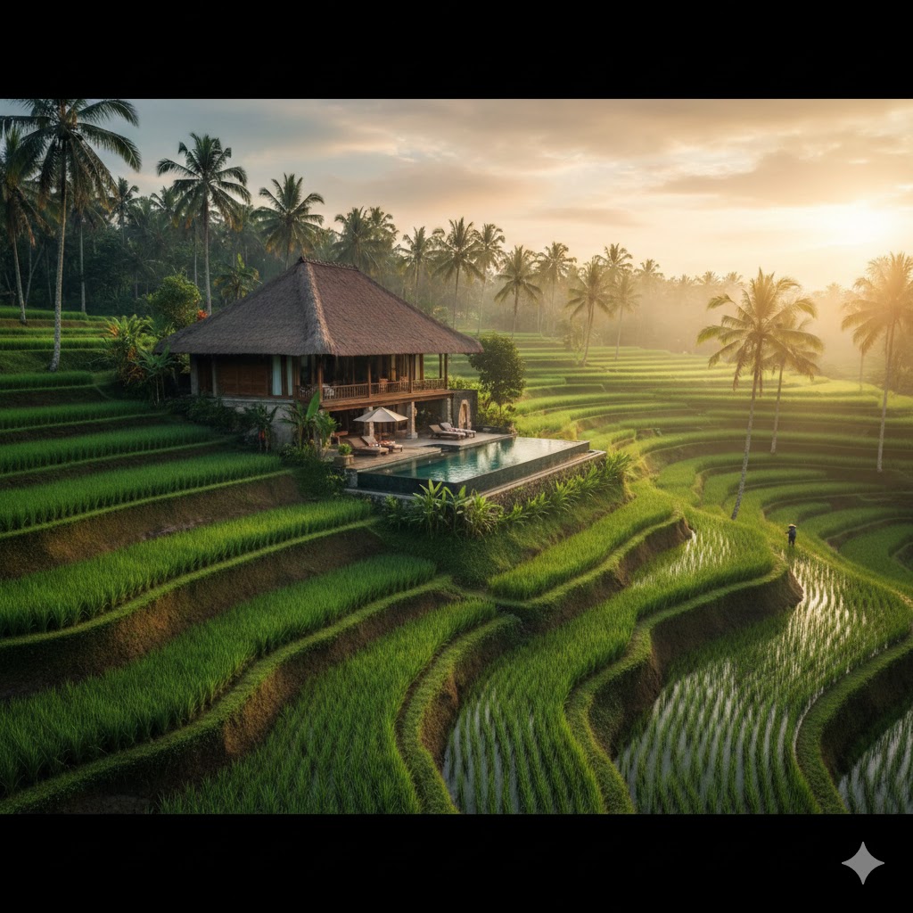 Ilustrasi vila di tengah sawah di Bali.
