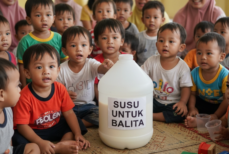 ilustrasi bantuan susu untuk Balita. (gambar digital gemini/radar bali)