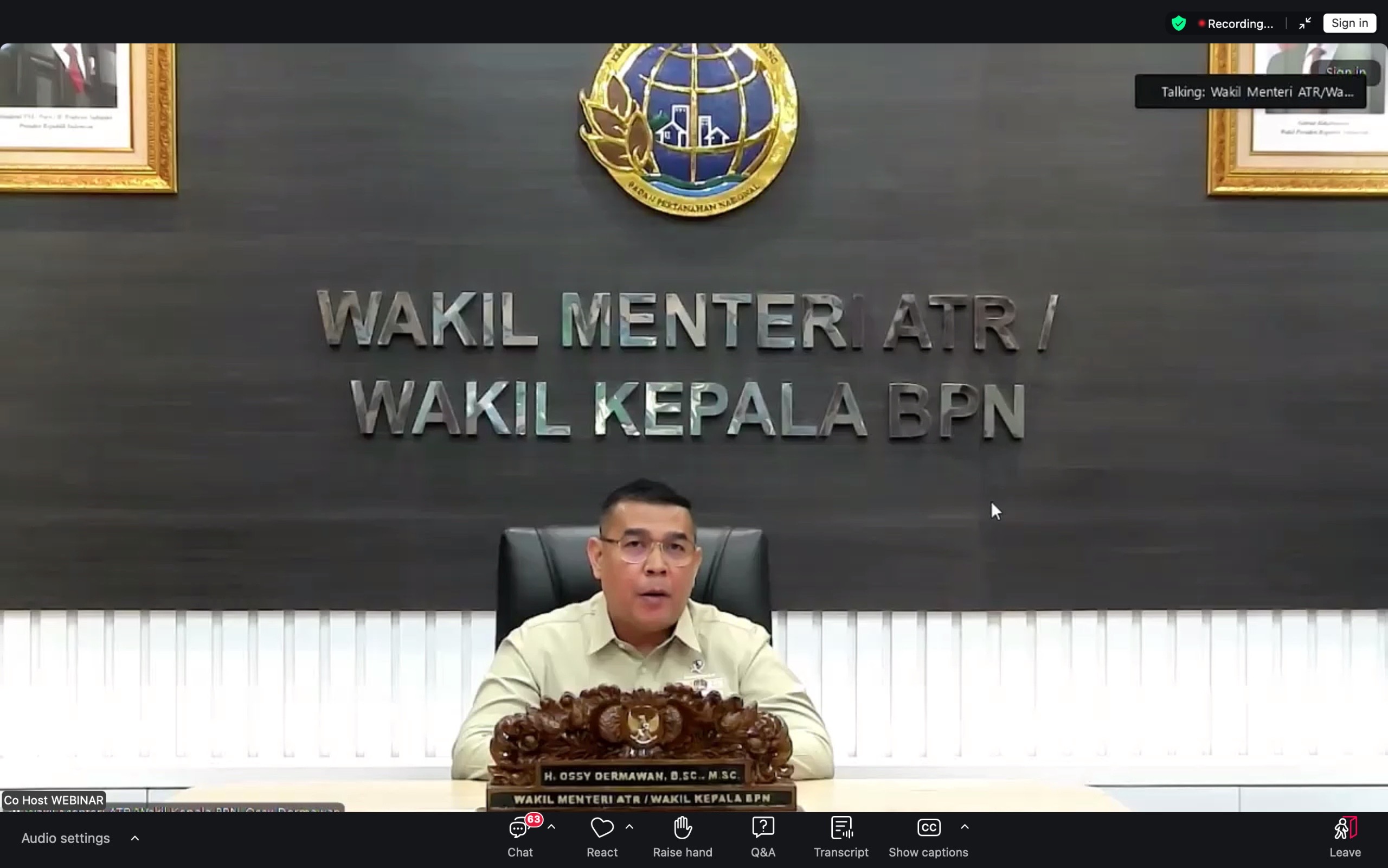 Wamen ATR/Waka BPN), Ossy Dermawan, menjadi narasumber dalam Webinar Nasional Masyarakat Profesi Penilai Indonesia (MAPPI) pada Senin (23/02/2026).