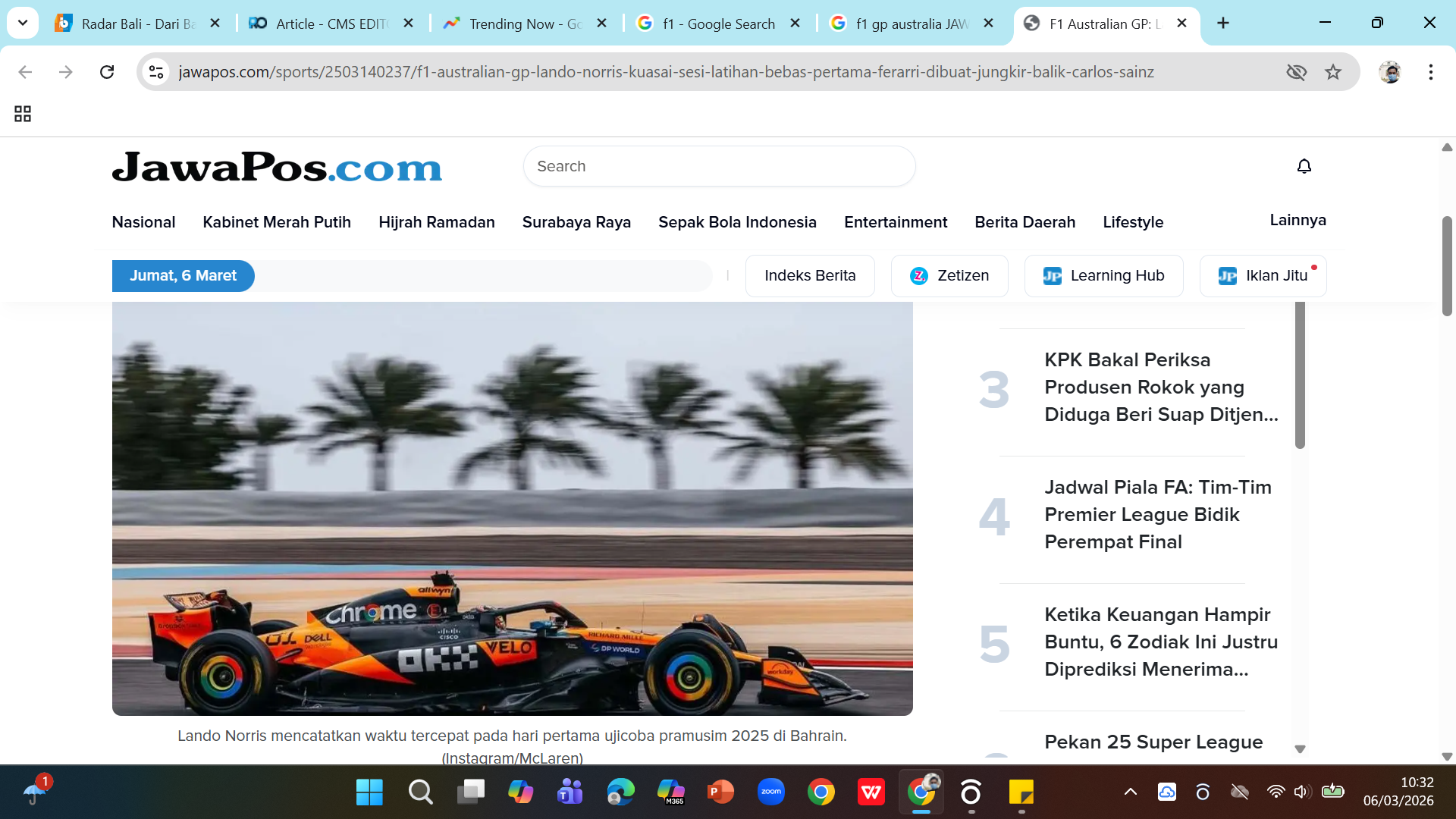 Juara bertahan Lando Norris mencatatkan waktu tercepat pada hari pertama ujicoba pramusim 2025 di Bahrain.  