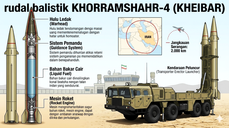 Ilustrasi rudal Khorramshahr-4/ Kheibar/gemini radar bali