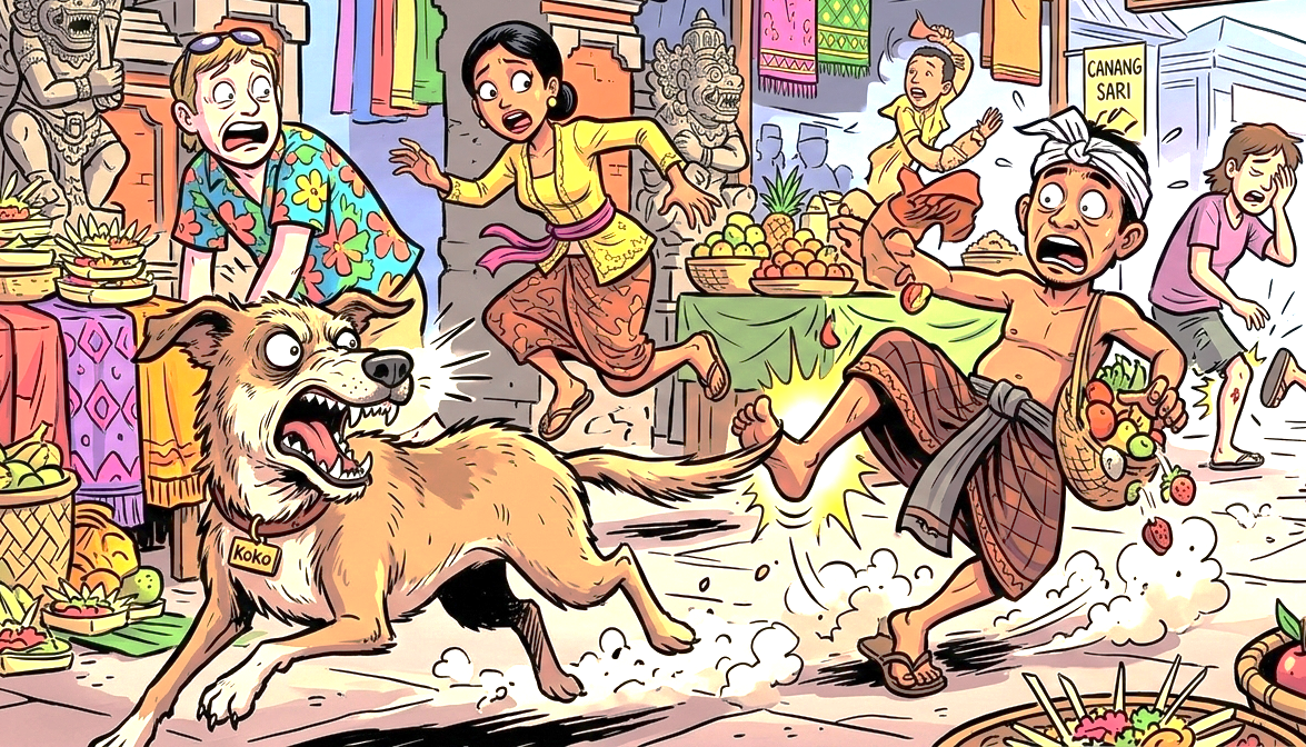 ilustrasi anjing gila mengamuk gigit orang. (gambar digital gemini/radar bali)