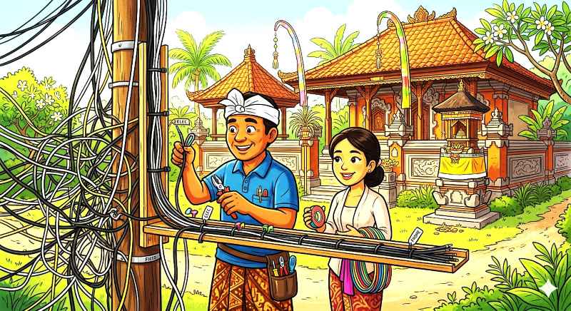 ilustrasi kabel semrawut telepon dan PLN di Bali. (gambar digital gemini/radar bali)