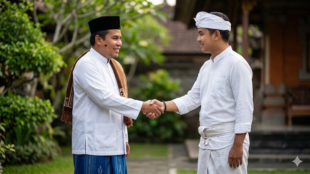 TOLERANSI - Ilustrasi umat muslim merayakan Idul Fitri pada saat krama Bali merayakan Nyepi. 