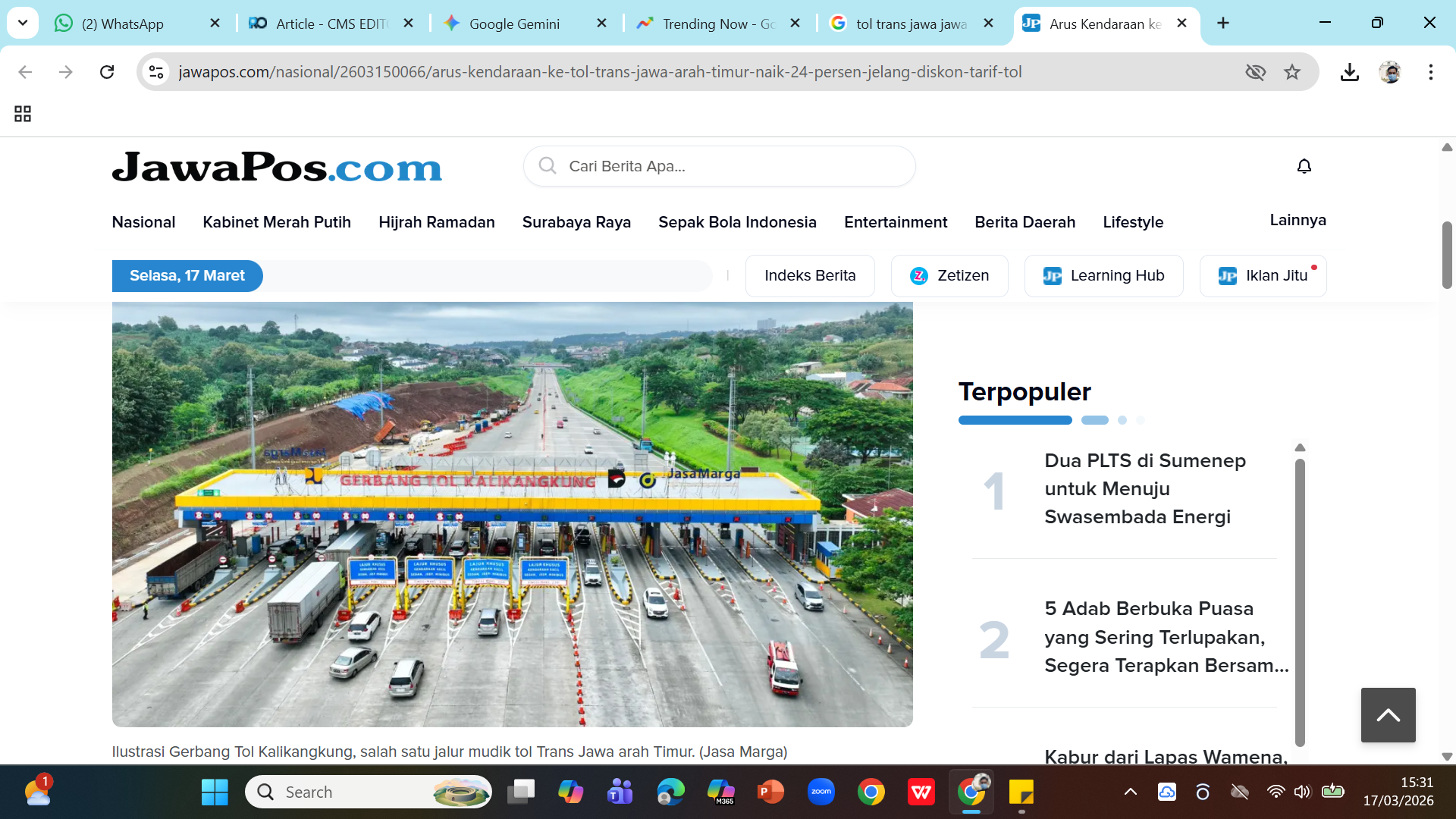 Gerbang Tol Kalikangkung di Semarang. Korlantas menerapkan one way arus mudik lebaran 2026 ke arah timur pada Rabu, 18 Maret 2026, mulai pukul 10.00 WIB. 