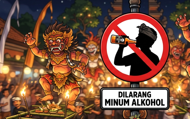 ilustrasi parade ogoh-ogoh dan larangan mengonsumsi alkohol.(gambar digital gemini/radar bali)