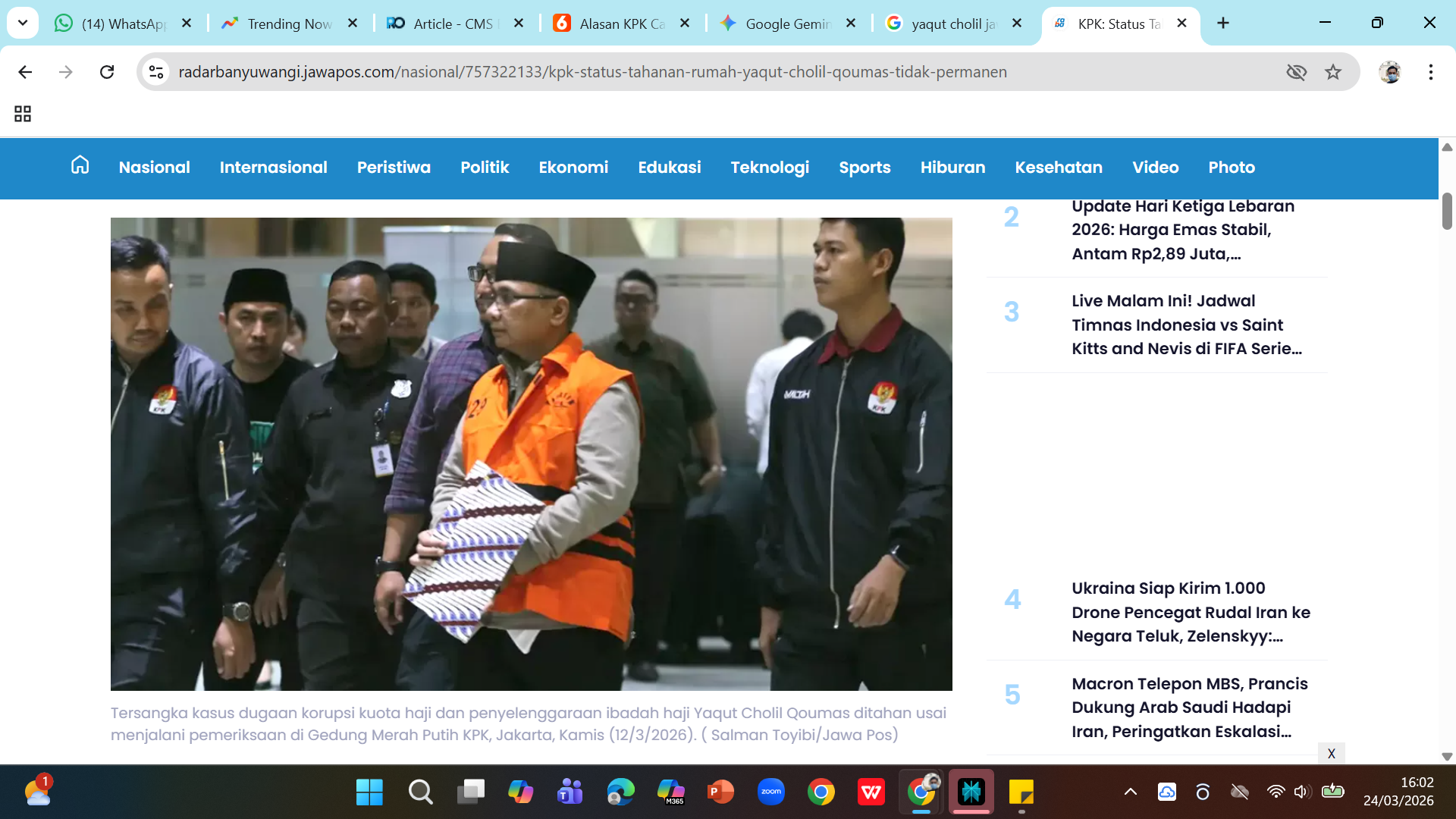 Eks Menteri Agama Yaqut Cholil Qoumas ketika hendak ditahan seusai ditetapkan sebagai tersangka kasus korupsi kuota haji pada 9 Maret 2026. 