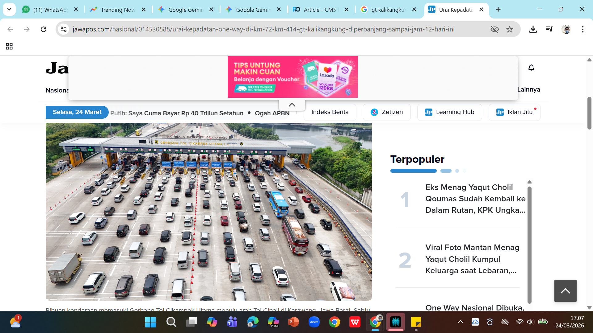 Pantauan Gerbang Tol Kalikangkung Semarang, titik awal one way nasional yang berlaku mulai 24 Maret 2026 pukul 14.00 WIB. 