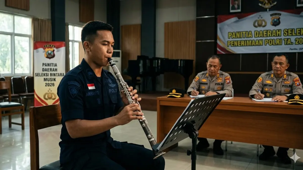 Ilustrasi pengujian calon bintara kompetensi khusus musik. Jalur ini tidak menerapkan batas minimal tes jasmani dan batas tinggi badan yang lebih rendah dibandingkan jalur lainnya.  