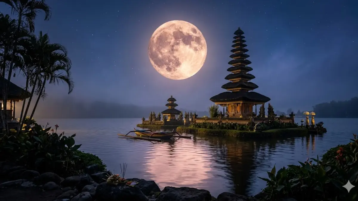 Ilustrasi pink moon di Pura Ulun Danu Danau Batur Bali. Pink moon dapat disaksikan pada 1 April hingga 2 April 2026 di Bali. Sedangkan hujan meteor Lyrid di Bali dapat disaksikan pada 22 April 2026.  