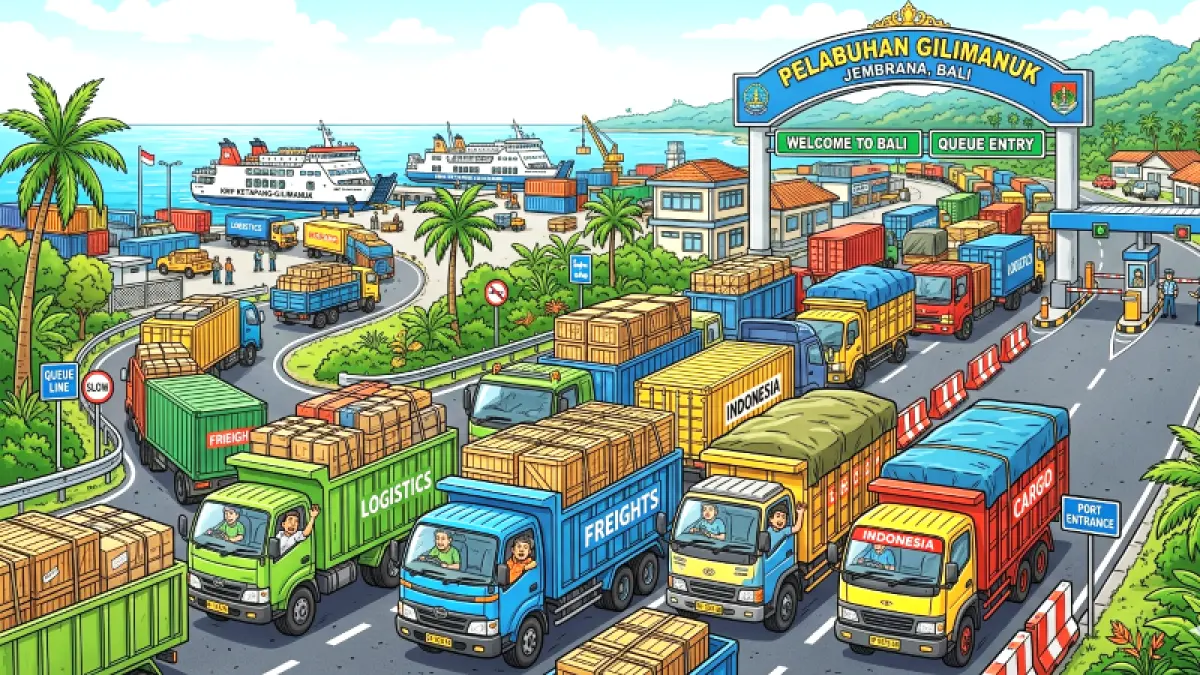Ilustrasi kemacetan akibat truk logistic di Pelabuhan Gilimanuk.(gambar digital gemini/radar bali)