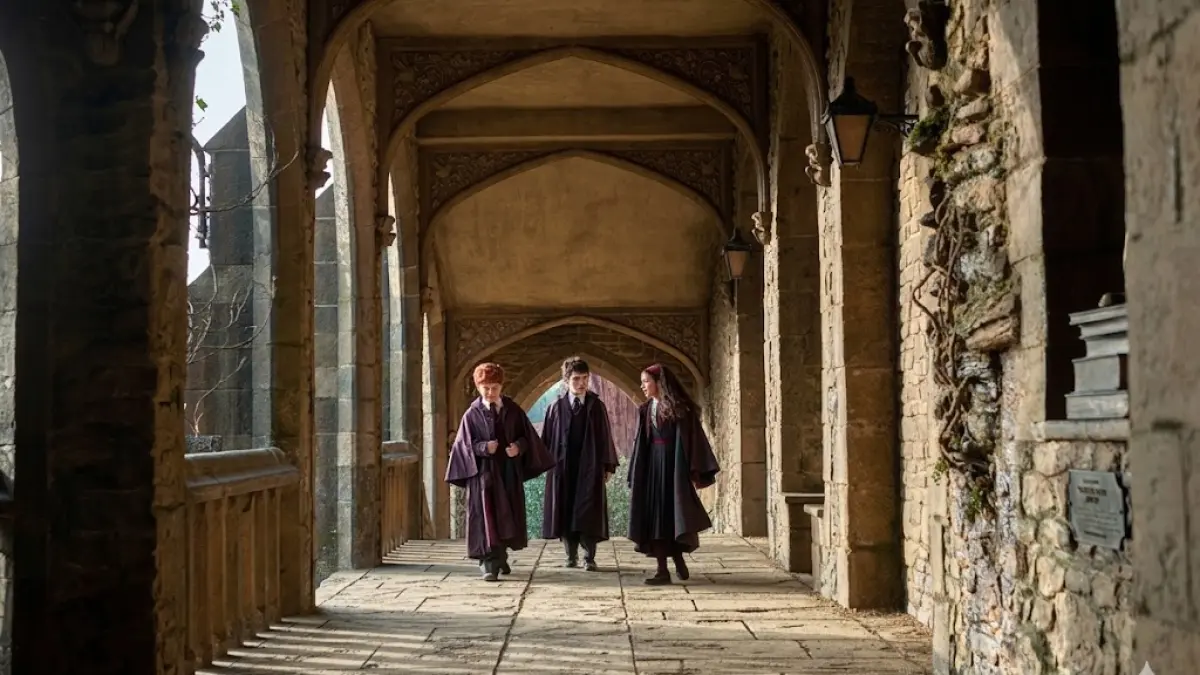Harry Potter, Hermione Granger, dan Ronald Weasly di koridor sekolah sihir Hogwart.  