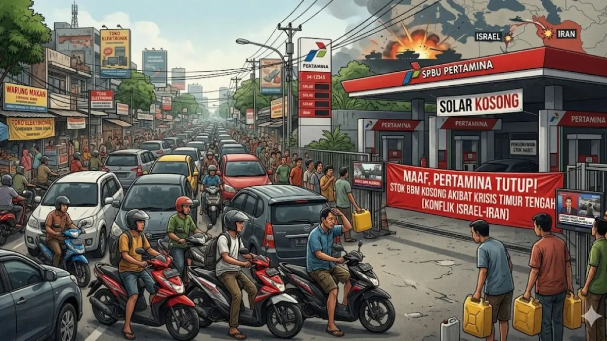 ILUSTRASI: Ilustrasi antrean Bahan bakar Minyak (BBM) ditengah ancaman kenaikan harga minyak mentah dunia akibat konflik perang Israel - Iran. (Gemini AI/radarbali.id)