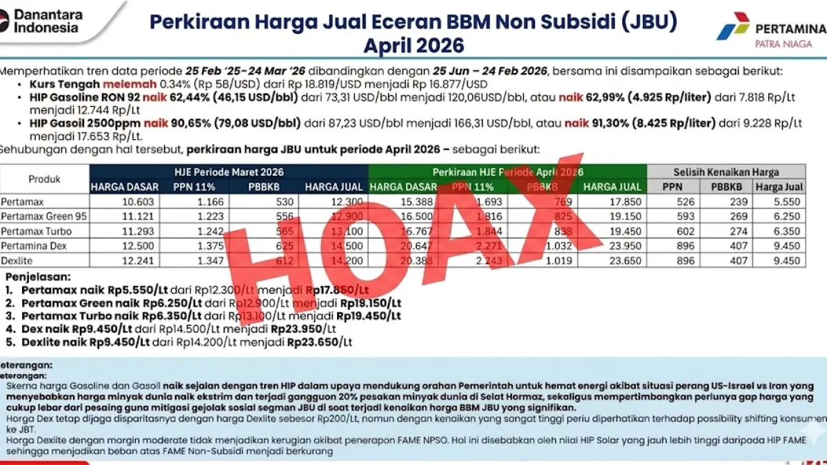 Waspada hoaks kenaikan harga BBM April 2026. Infografis harga Pertamax dan Dexlite yang beredar adalah palsu. Cek fakta resminya di sini.