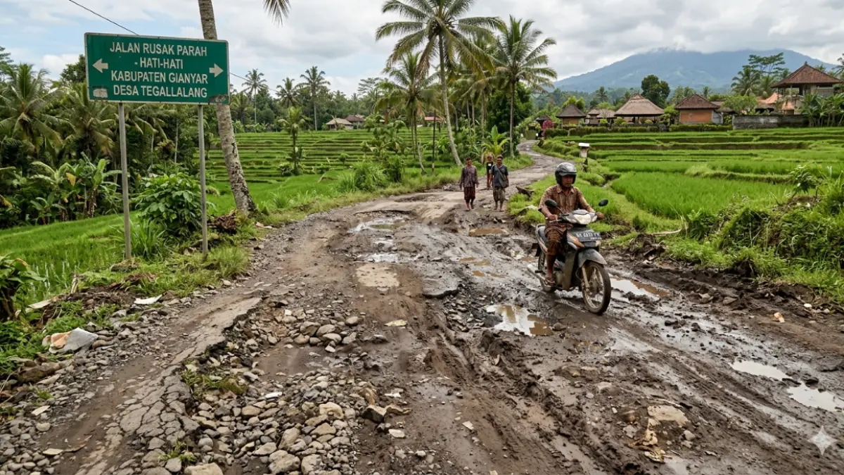 BENYAH LATIG: Ilustrasi kondisi jalan rusak di Kabupaten Gianyar Bali yang rusak parah dan belum mendapat penanganan oleh Pemerintah setempat. (NANO BANANA GEMINI AI/radarbali.id)