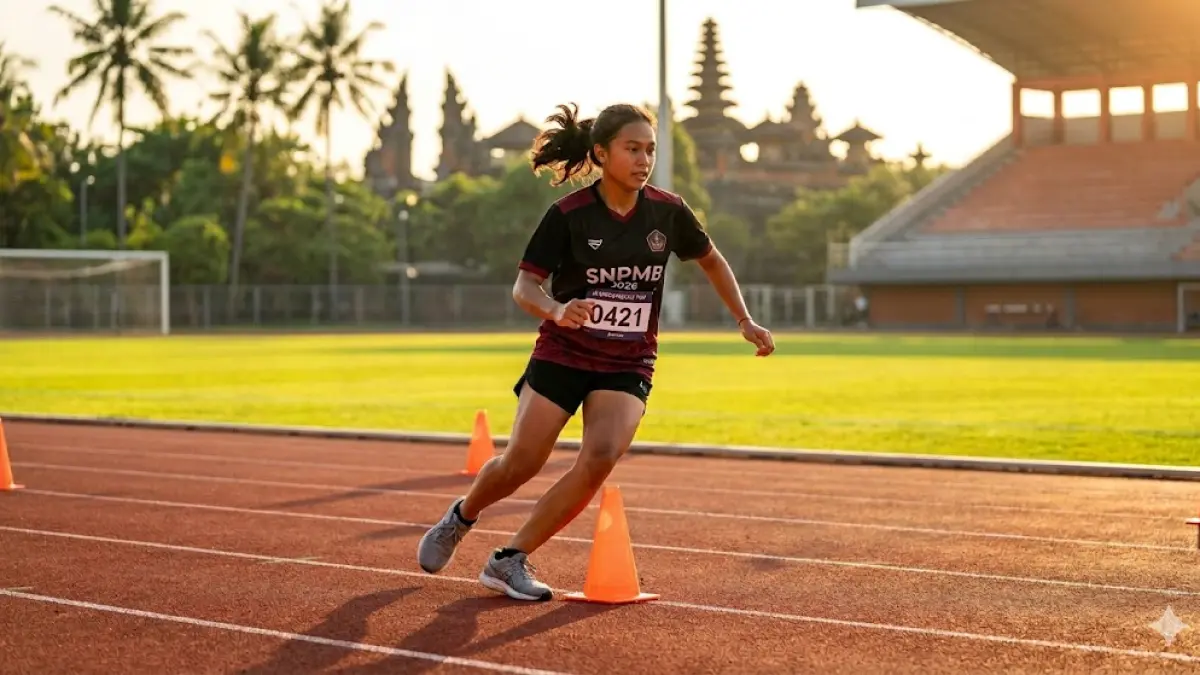 Ilustrasi - Calon mahasiswa melakukan Illinois Agility Test untuk portofolio bidang olahraga SNPMB 2026. 