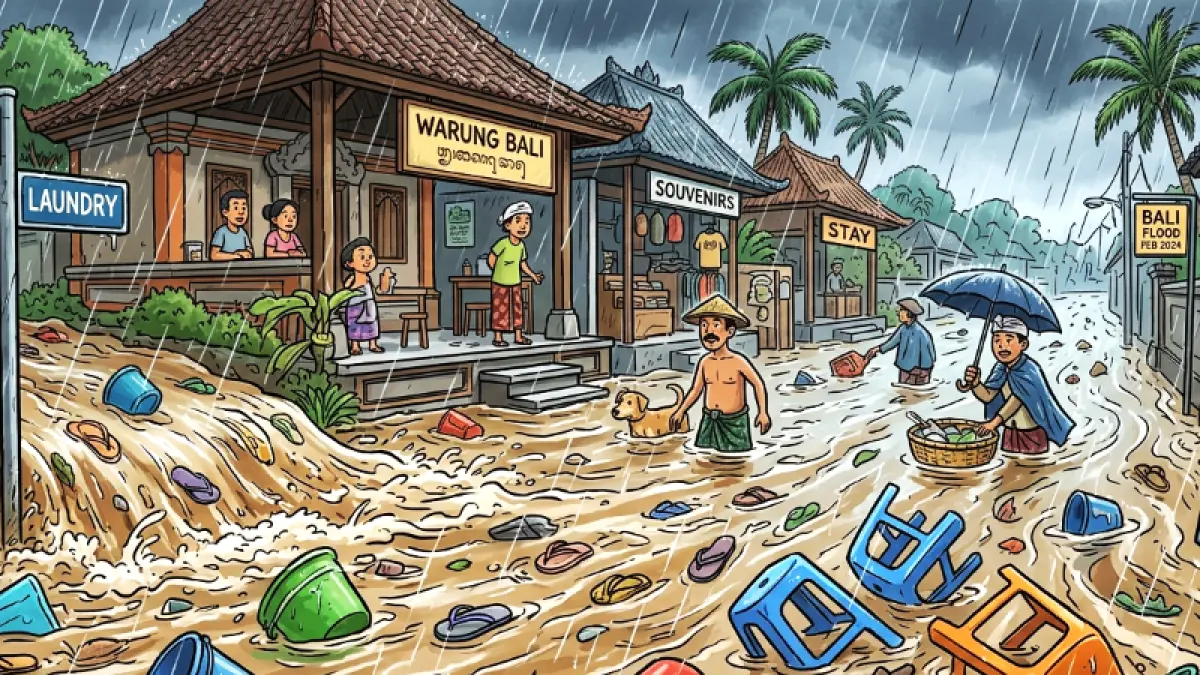 ilustrasi banjir di Jembrana karena cuaca ekstrem. (gambar digital gemini/radar bali)