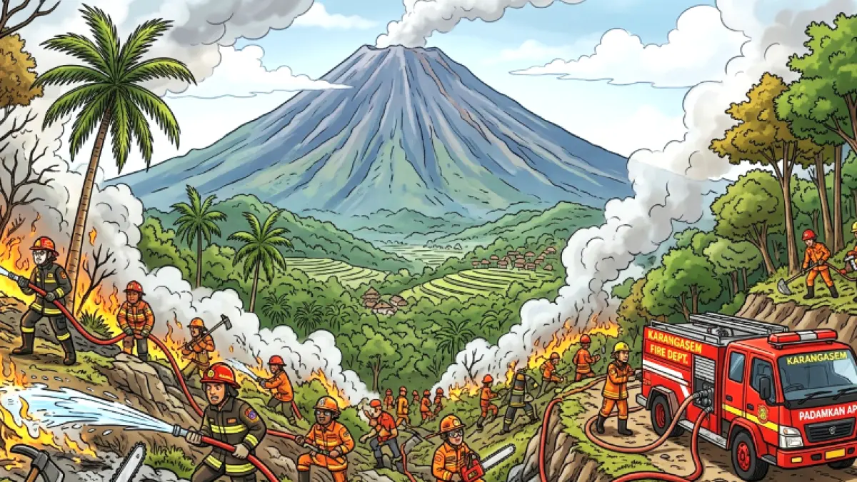 Ilustrasi kebakaran hutan di Karangasem. (gambar digital gemini/radar bali)