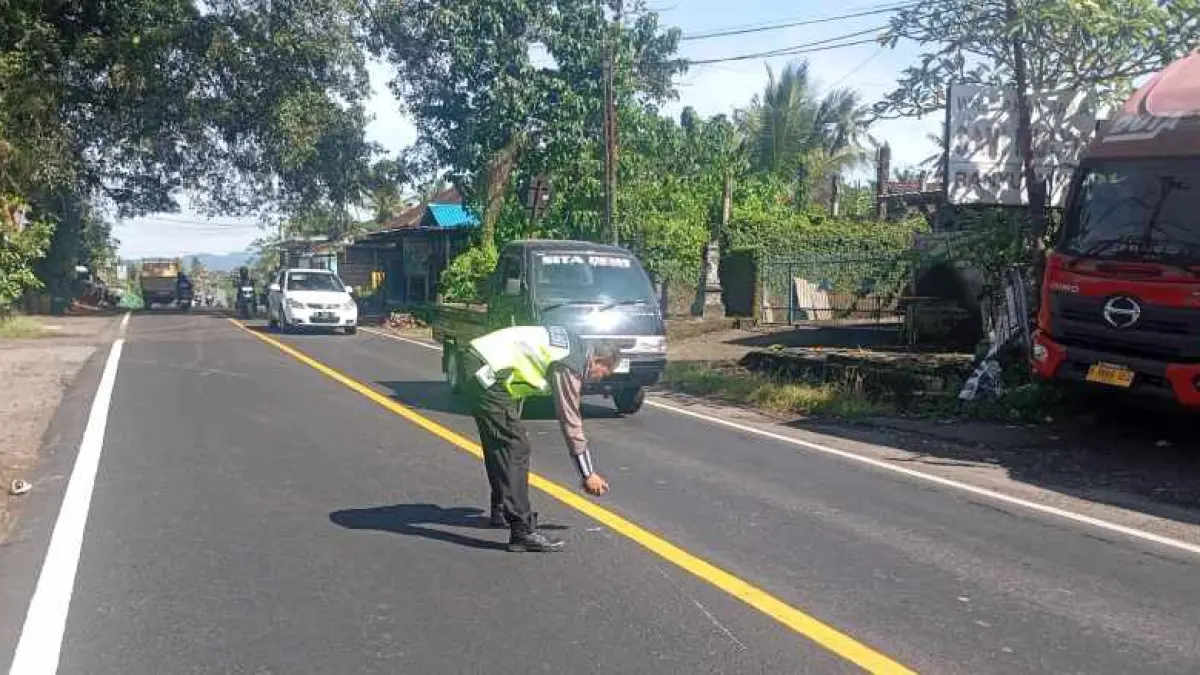 GELAR OLAH TKP : Anggota Polsek Selemadeg Timur, Tabanan yang melakukanolah TKP di lokasi kecelakaan di Jalan Nasional Denpasar-Gilimanuk. (foto:ist)