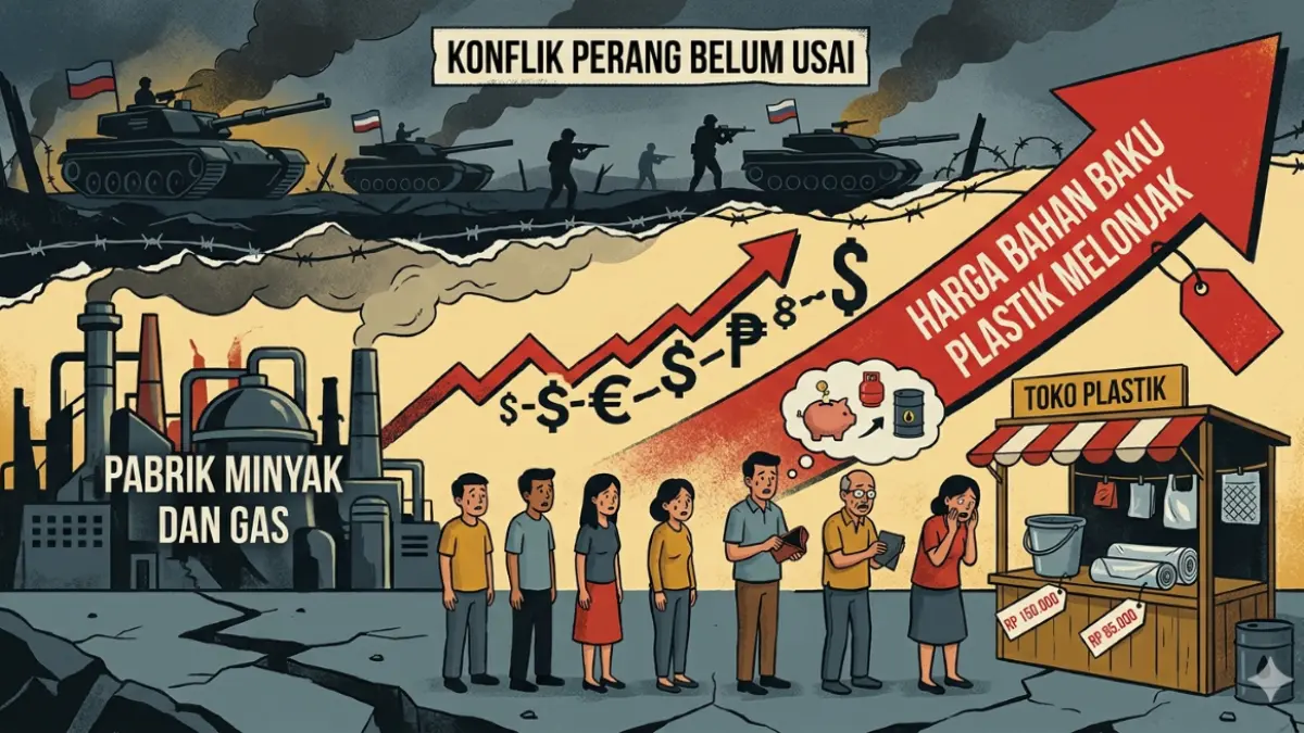 Ilustrasi lonjakan harga plastik sebagai dampak konflik perang di Timur Tengah yang belum reda. (AI Gemini/radarbali.id)