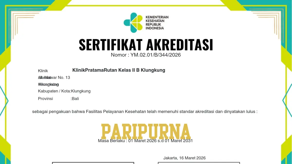 Akreditasi Paripurna dari Kementerian Kesehatan untuk Klinik Pratama Rutan Klungkung.&nbsp;