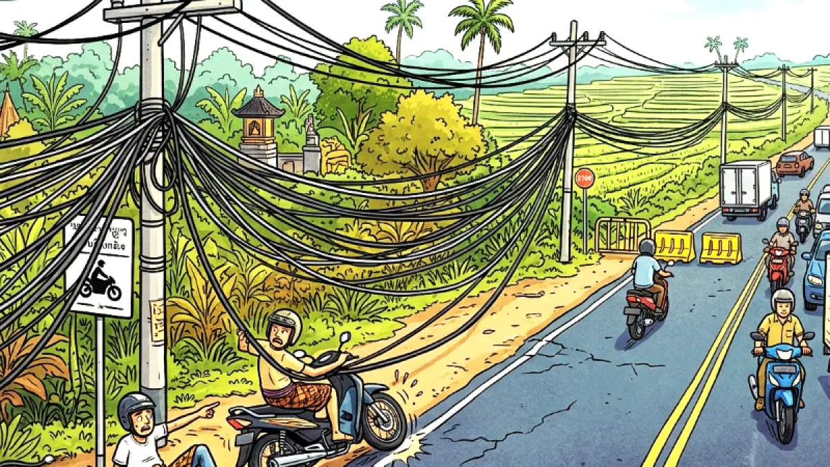 Ilustrasi kabel provider semrawut di Karangasem. (gambar digital gemini/radar bali)