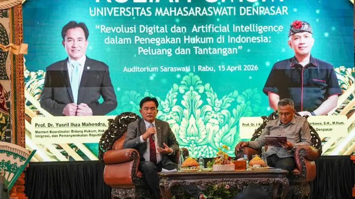 Menko Hukum, HAM, Imigrasi, dan Pemasyarakatan Yusril Ihza Mahendra di Auditorium Saraswati, Universitas Mahasaraswati Denpasar, Rabu (15/4/2026).