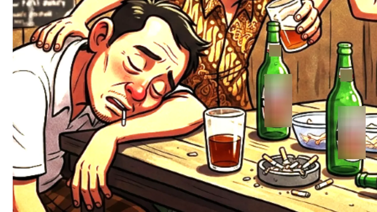 Ilustrasi lelaki mabuk di kafe tapi kurang modal. (ilustrasi gemini/radar bali)