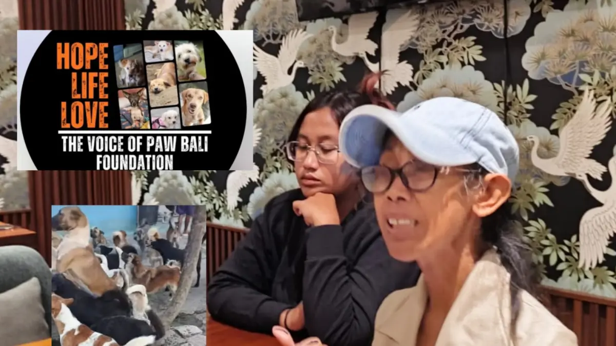 Ketua Yayasan Suara Kasih Satwa Indonesia Michelle Angel (kanan) didampingi Pembina Maria Rini, saat pers conference di Chao Cafe, Kedampang, Kerobokan, Badung, Minggu (19/4/2026). (Andre Sulla/Radar Bali)
