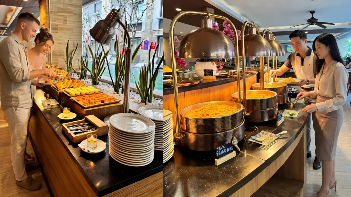 Suasana sarapan pagi di Bhira Restaurant Quest Hotel San Denpasar.
