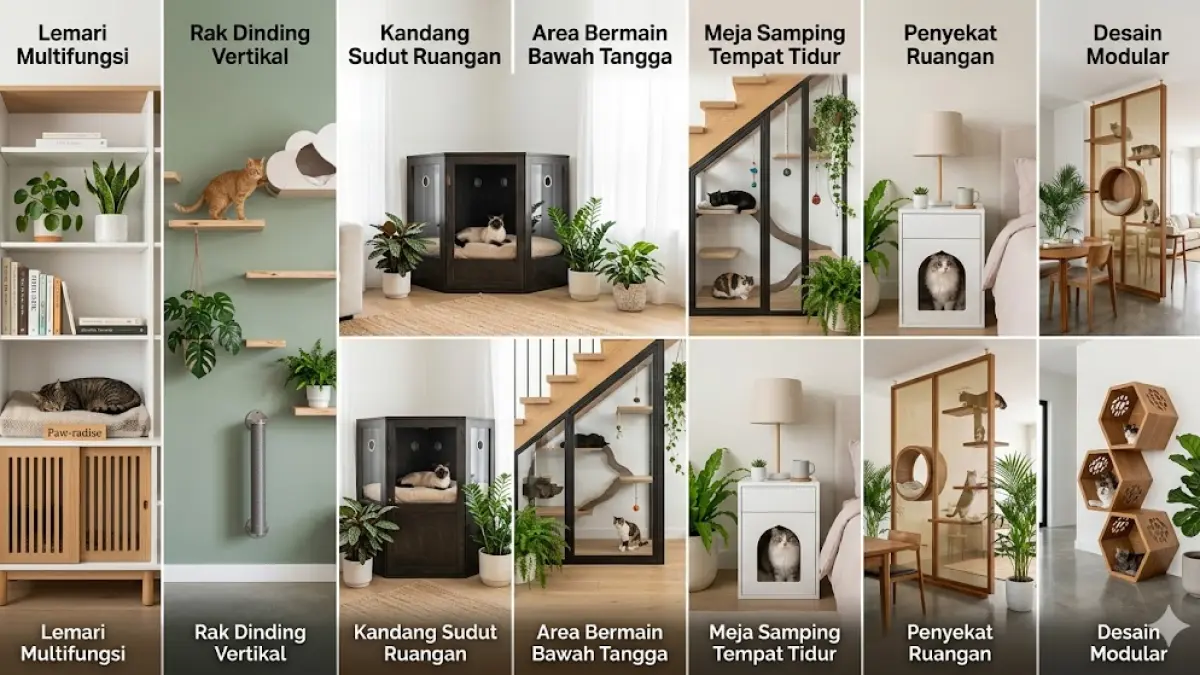 7 desain kandang kucing di dalam rumah yang hemat tempat dan tetap estetik.