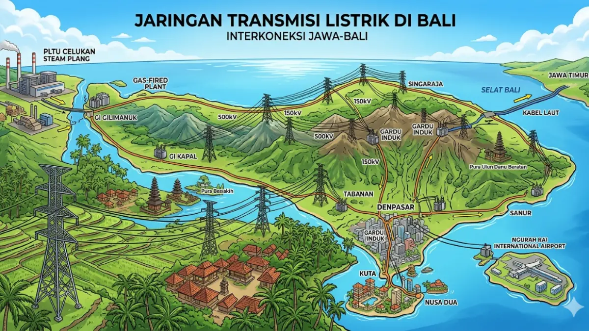KOMITMEN: Ilustrasi jaringan transmisi listrik di Pulau Bali. (Gemini AI)
