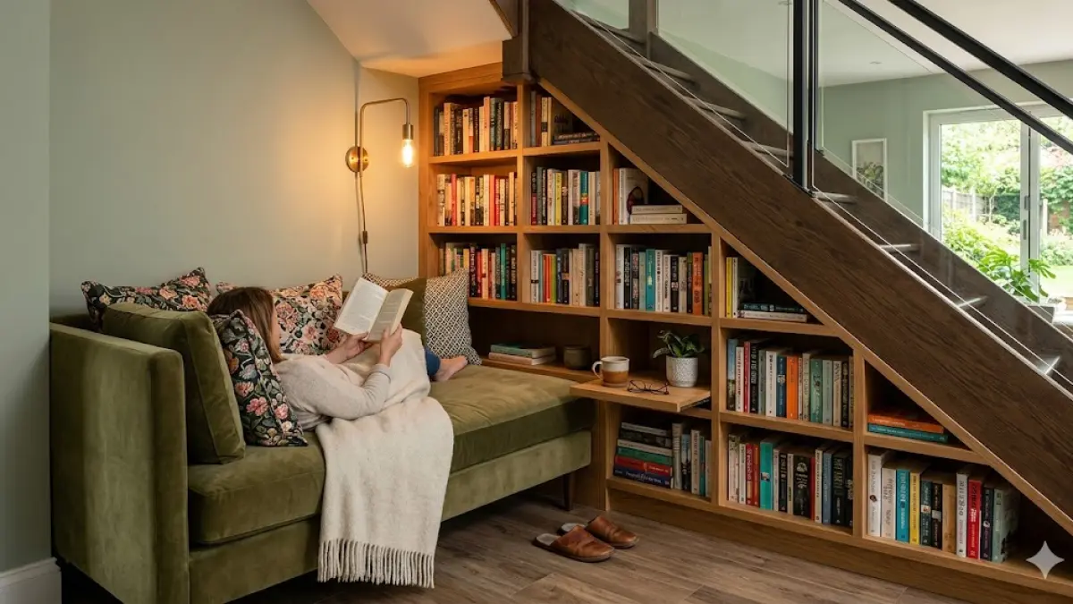 Area di bawah tangga bisa dimanfaatkan menjadi pojok baca atau reading nook. 