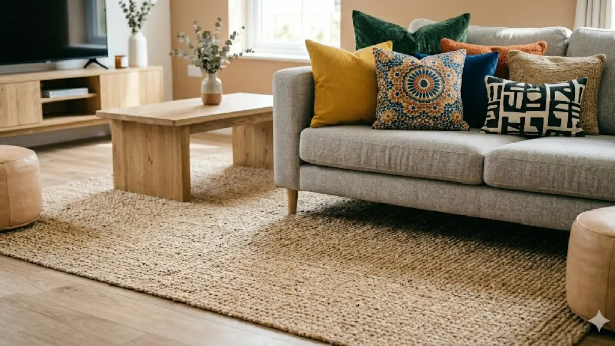 padukan sofa dengan karpet bertekstur yang sekaligus berfungsi sebagai pemisah zonasi ruangan.