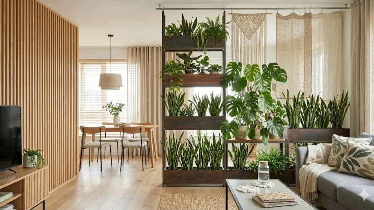 Penataan ruang dengan konsep biofilik yang memadukan elemen cahaya, tanaman, material organik, air dalam interior rumah minimalis.