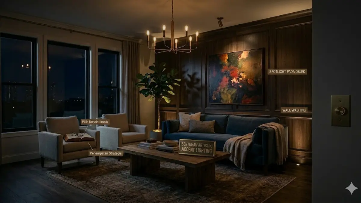 Accent lighting digunakan untuk menonjolkan fitur arsitektur, benda seni, atau tekstur dinding.