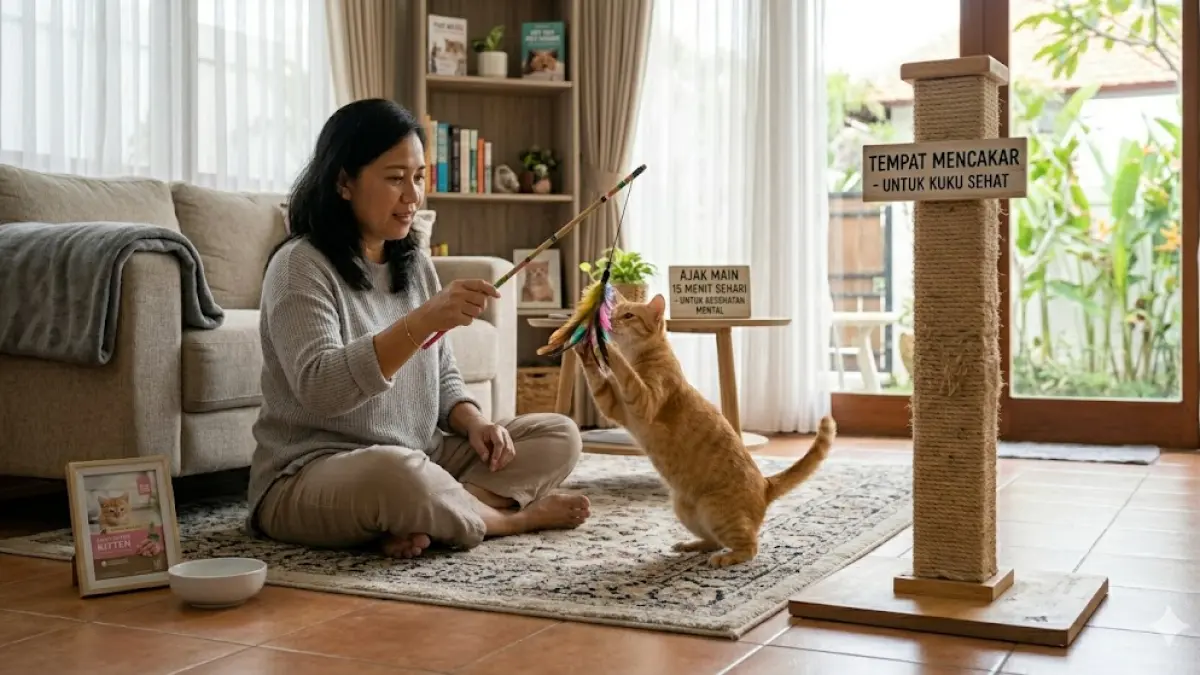 ajak kucing bermain minimal 15 menit sehari agar kesehatan mentalnya terjaga sehingga tidak overgrooming.