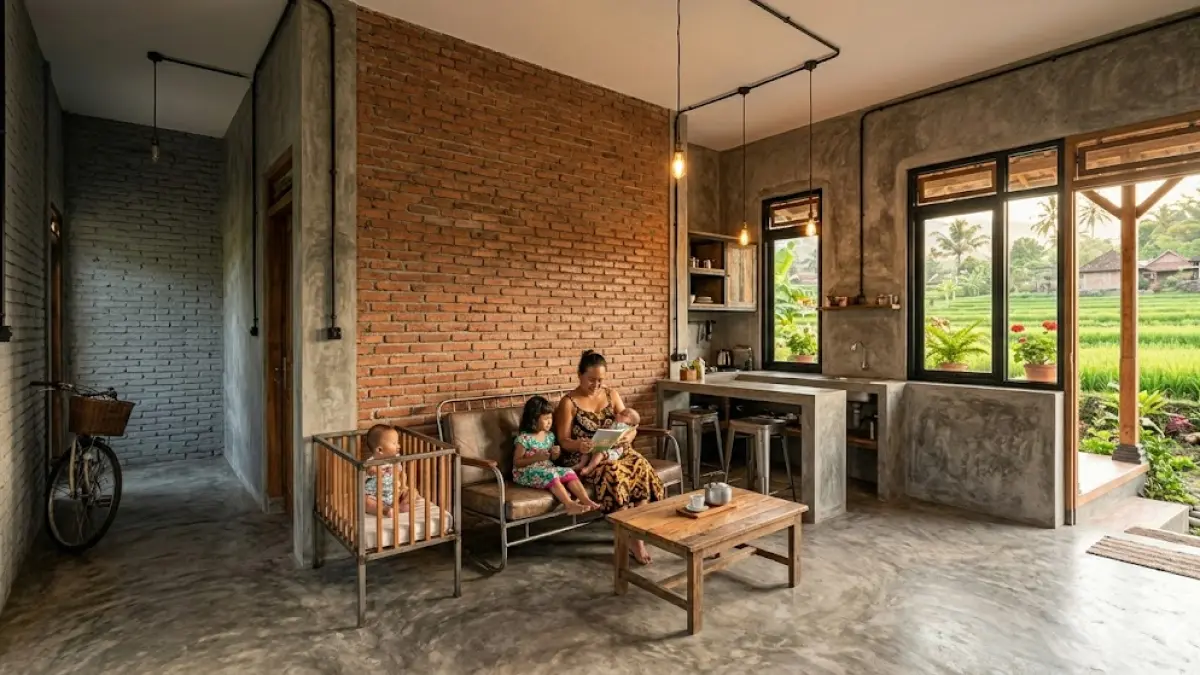 desain industrial dengan dinding tanpa plester mampu menekan budget namun tetap estetik.