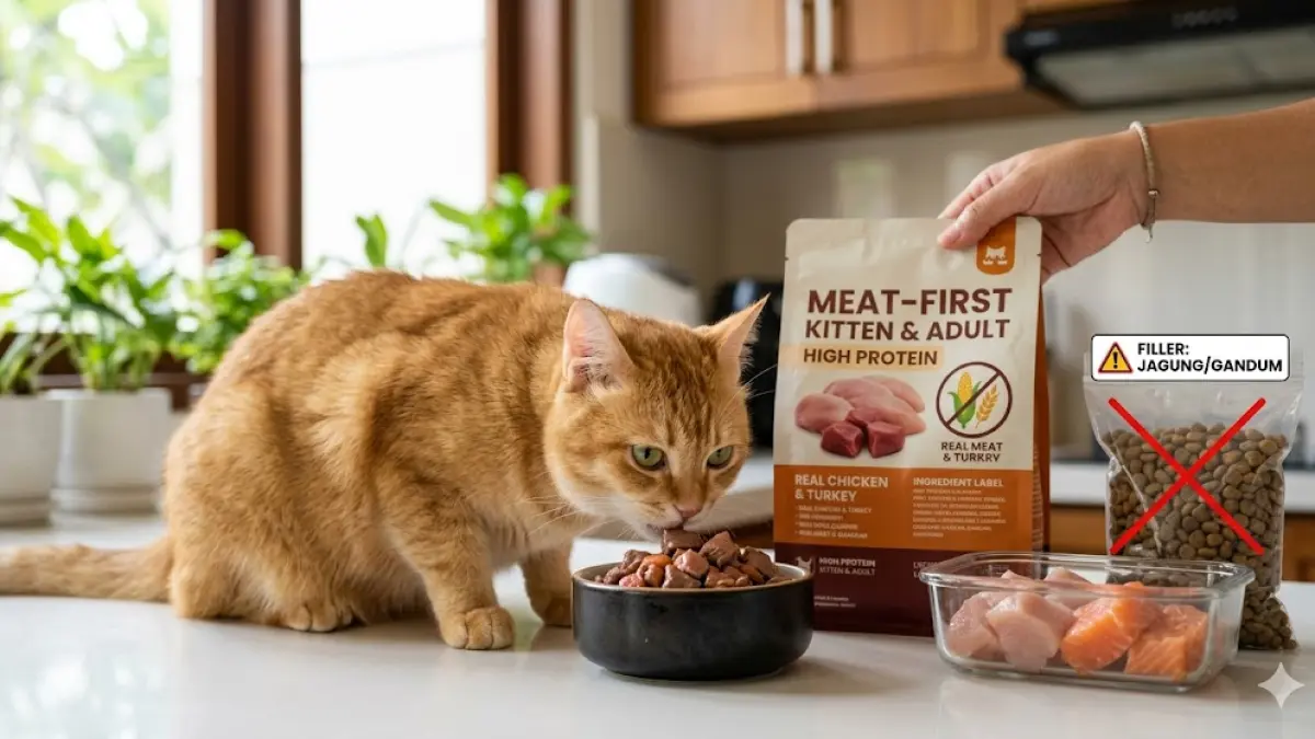 diet terbanyak kucing adalah protein, bukan filler dari jagung atau gandum yang diberi perasa daging dan ikan. 