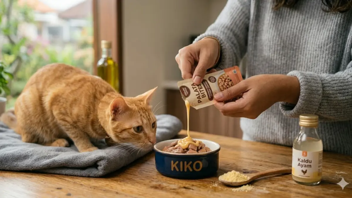 gunakan food topper seperti cat treats, kaldu ayam tanpa garam, atau bubuk kuning telur untuk memancing selera makan. 