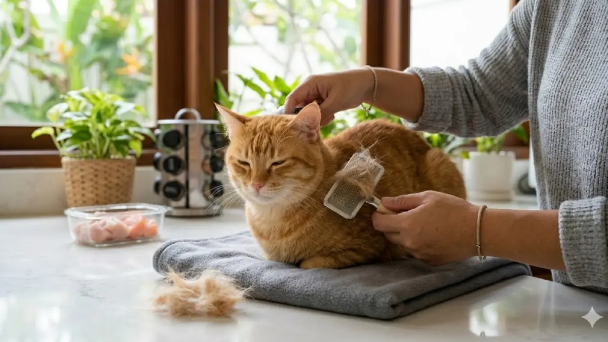 Menyisir bulu mengangkat bulu rontok sebelum menjadi hairball, menyisir bulu juga merangsang pembentukan minyak alami di bulu kucing. 