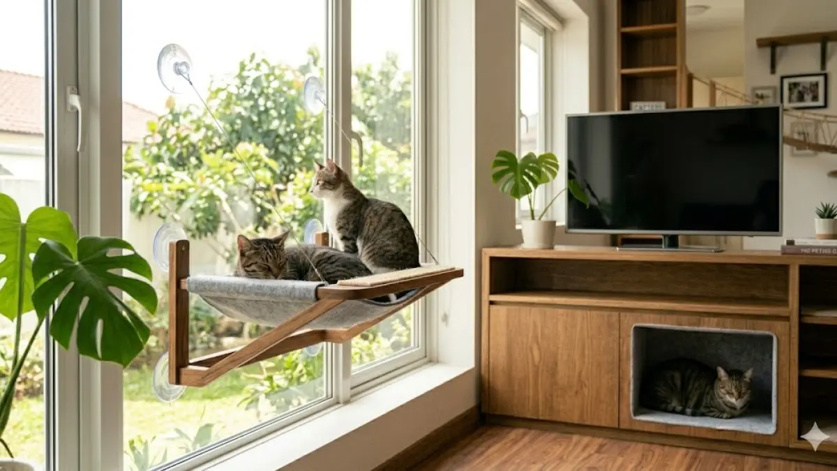 Floating window perch memberikan TV alami bagi anabul indoor.  