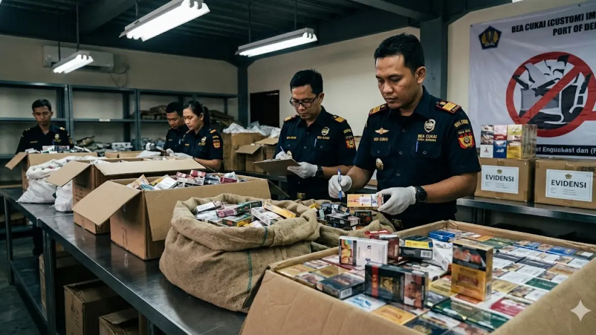 Ilustrasi - Petugas Bea Cukai memperlihatkan barang bukti rokok ilegal yang berhasil disita. 